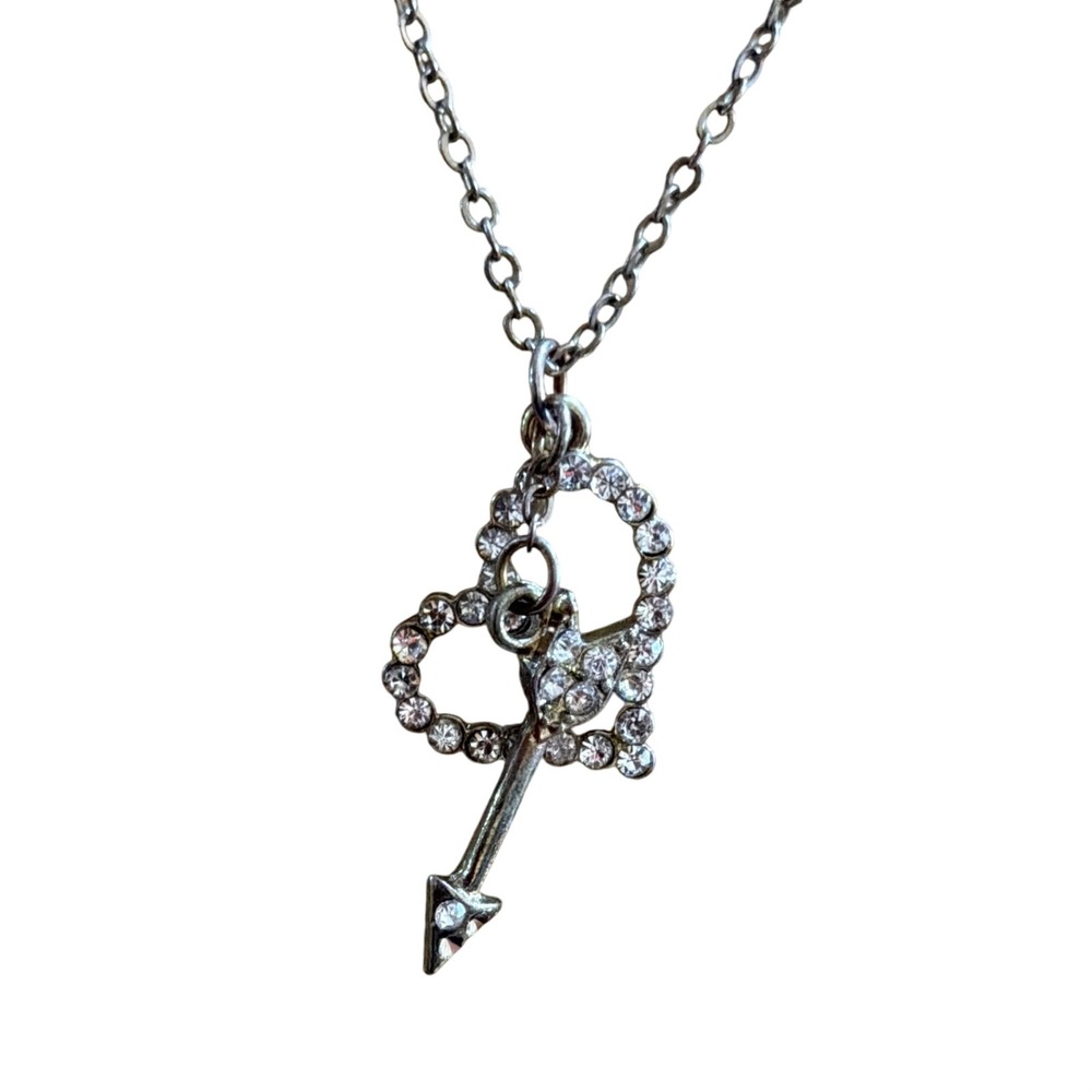 Silver Tone Rhinestone Heart and Arrow Pendant Necklace Y2K Romantic